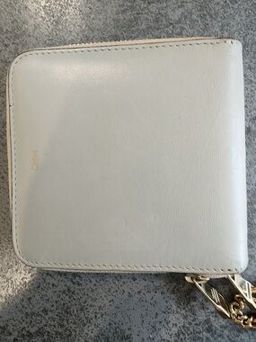Chloé Compact Wallet Beige/Mint/ Navy Zip Wallet with Gold Chain Accent